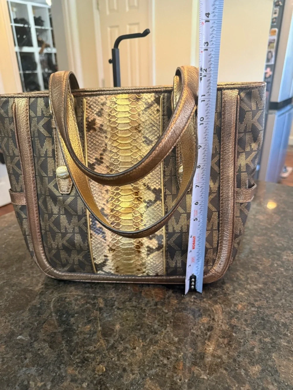 Vintage Michael Kors Brown & Gold Logo Tote with Snake-Print Center